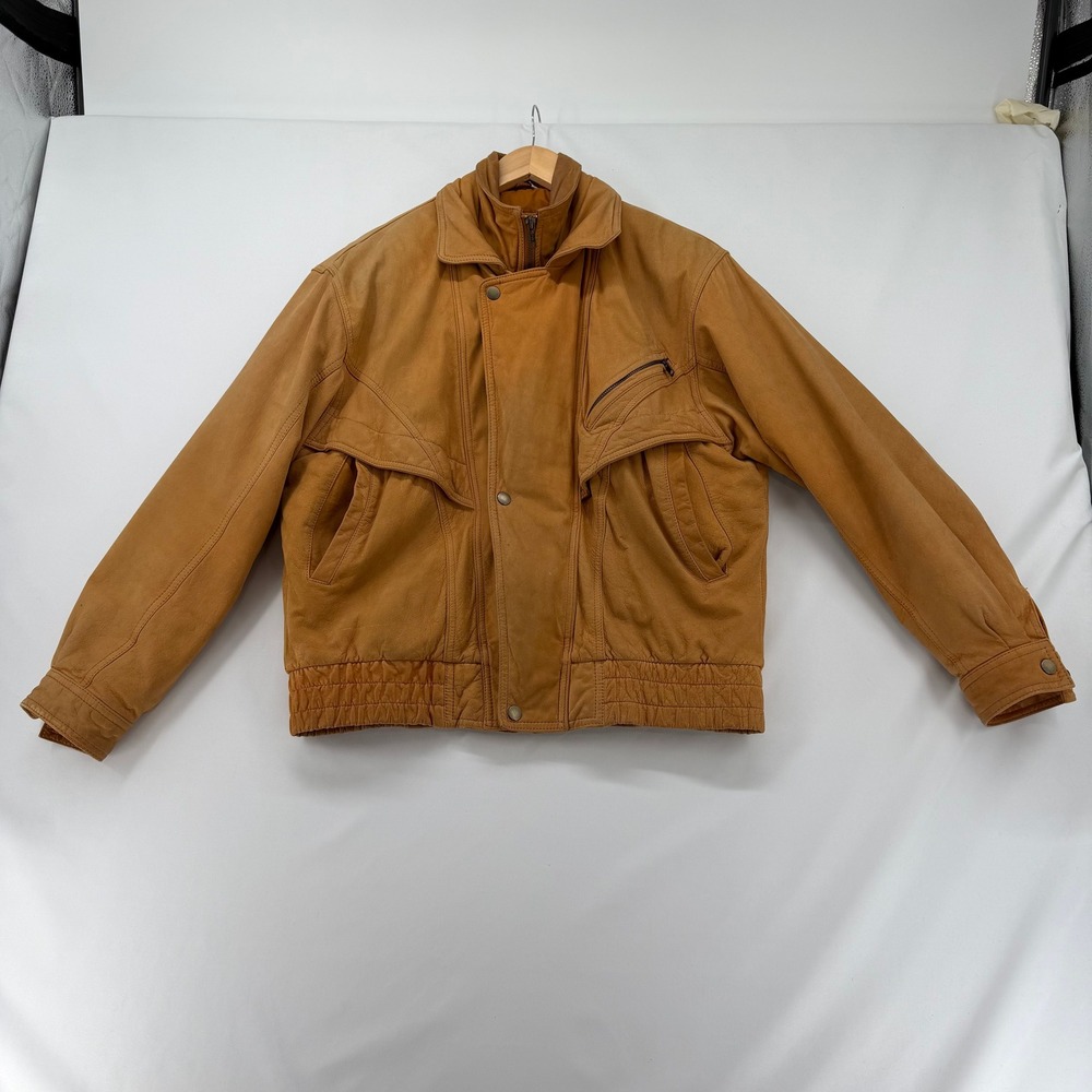 Vintage Euro Top Mono of California Tan Leather Bomber Military Jacket Womens M